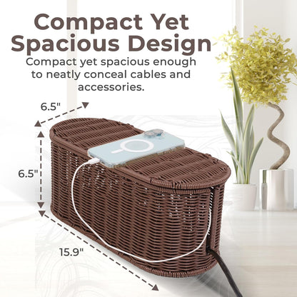 Cable Management Box, Handmade Rattan Cable Organizer with 2 Open Slots, Cord Hider for Power Strip, Router & USB Hub, Registered U.S. Design Patent (D1,112,102), 13" x 5.1" x 5.1", Natural