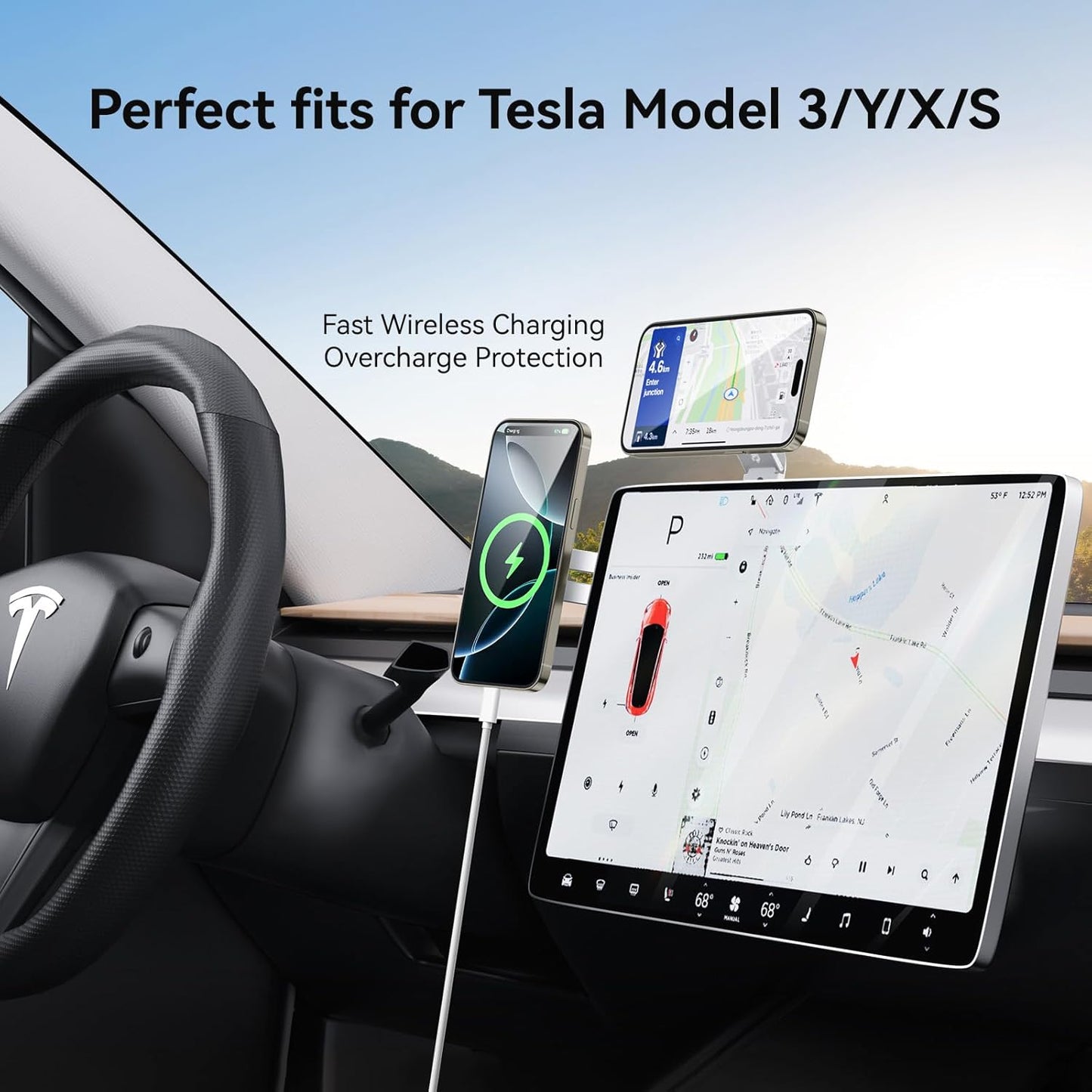 Laptop Phone Holder, Magnetic Phone Stand 15W Fast Wireless Charger for MagSafe for iPhone 17/16/15/14/13/12 & All Phones for Tesla (Black)