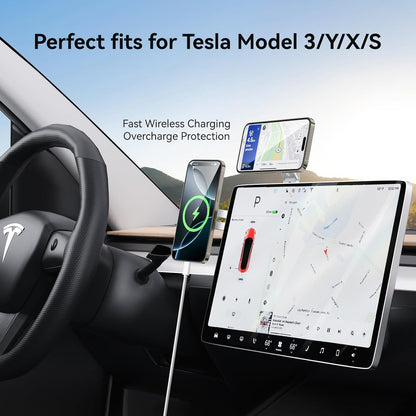 Laptop Phone Holder, Magnetic Phone Stand 15W Fast Wireless Charger for MagSafe for iPhone 17/16/15/14/13/12 & All Phones for Tesla (Black)