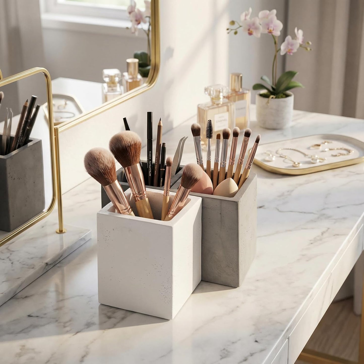 MyGift Pen Holder Pencil Holder For Desk,Pen Cup Holder For Desk,Concrete Desktop Pencil Cup,Modern Gray-Tone,Set of 3