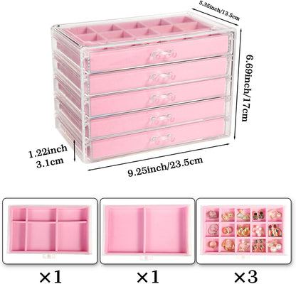 GUOER 5 Drawers Clear Jewelry Box for Women and Girls, Acrylic Earring Holder Organizer Ring Holder Display Storage, Mother's Day Warm White