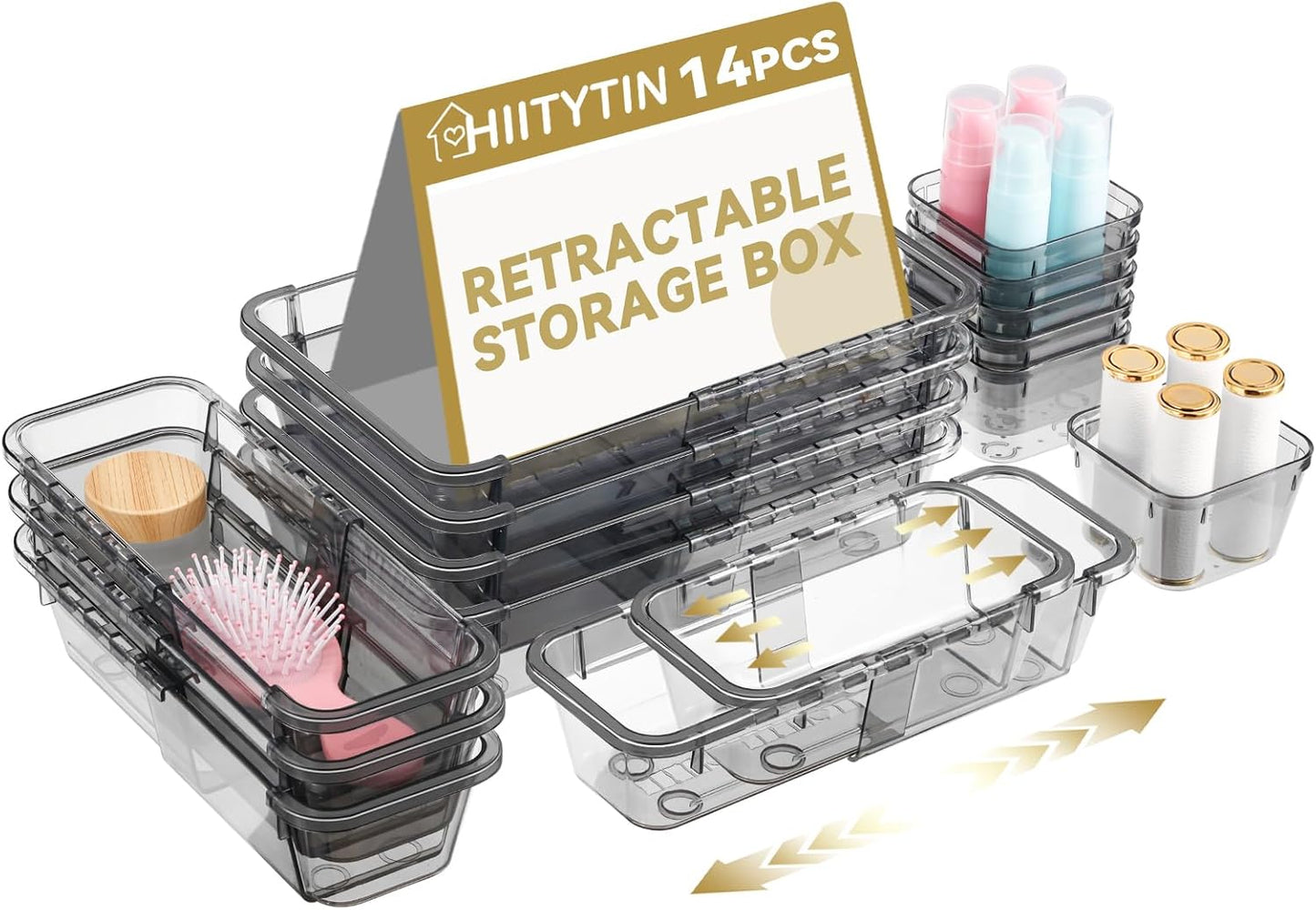 14 Pcs Adjustable Clear Drawer Organizer, Extendable Vanity Storage Bins, Desk Drawer Organizer Set for Makeup, Cosmetics, Bedroom, and Gadgets, Purple