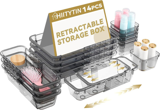 14 Pcs Adjustable Clear Drawer Organizer, Extendable Vanity Storage Bins, Desk Drawer Organizer Set for Makeup, Cosmetics, Bedroom, and Gadgets, Purple
