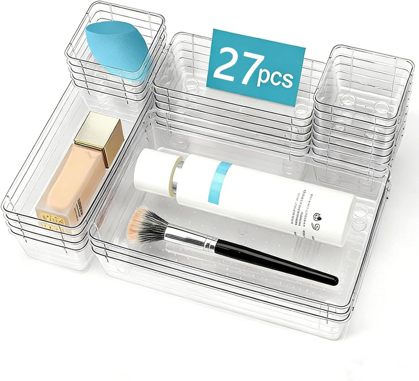 Clear Drawer Organizer Set, 4 Sizes Desk Drawer Divider Organizers Storage Bins for Bathroom,Kitchen,Office,Vanity Organizers Tray for Jewelry (27PACK)