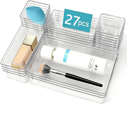 Clear Drawer Organizer Set, 4 Sizes Desk Drawer Divider Organizers Storage Bins for Bathroom,Kitchen,Office,Vanity Organizers Tray for Jewelry (27PACK)