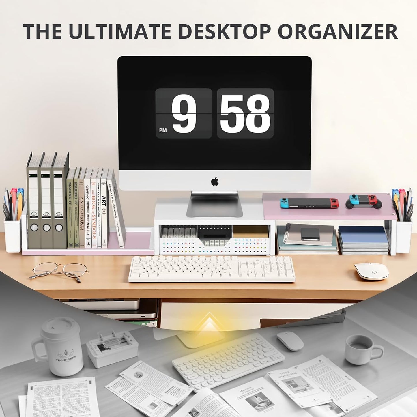OPNICE Clear Acrylic Desk Organizers and Accessories, Dual Monitor Stand Riser with Drawer, Desk Shelf Computer Racks for Office Workspace Organizers, Desktop Organization (Transparent)