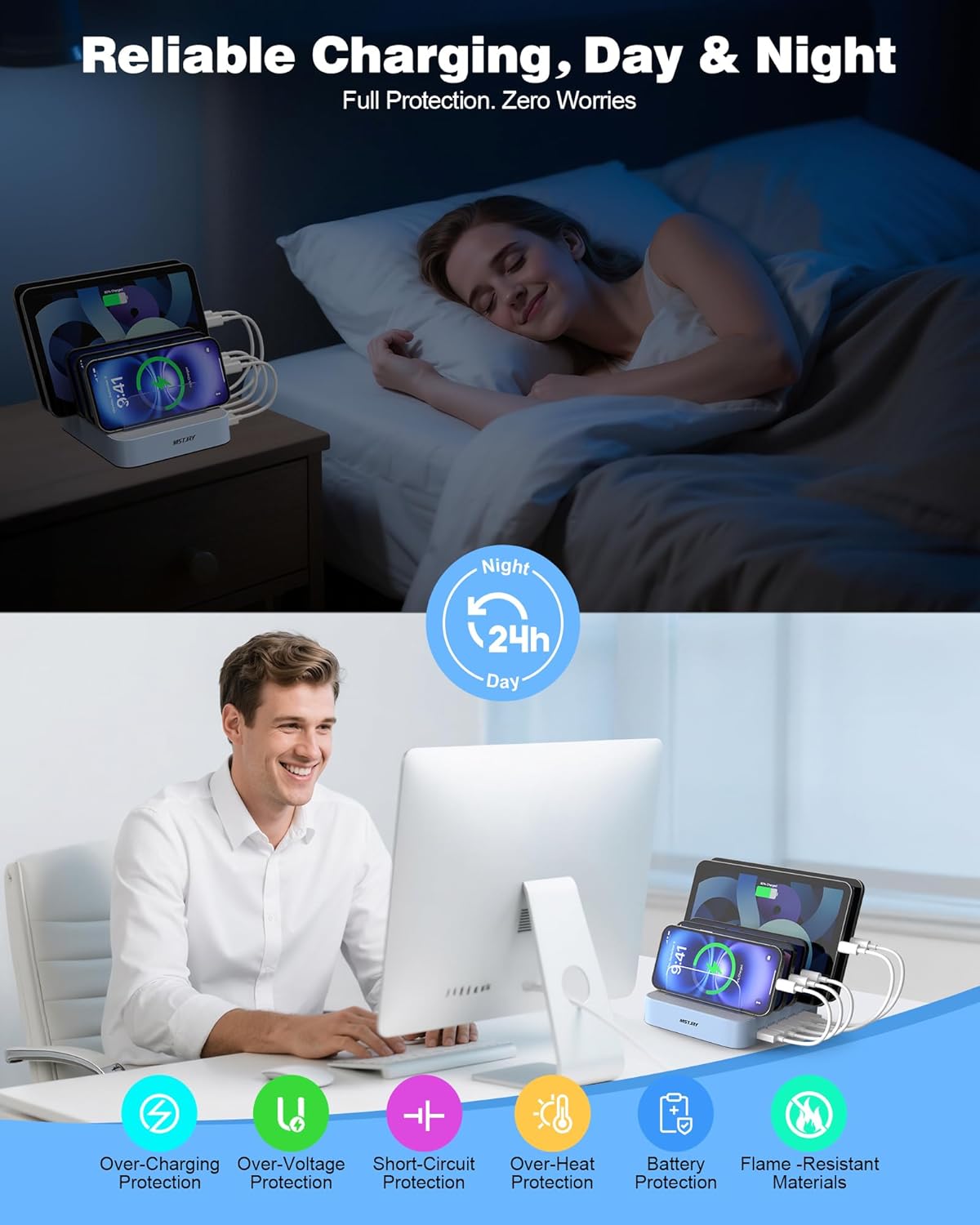 MSTJRY Charging Station for Multiple Devices : 5 Port Multi USB-A Charger Stations Multi-Device Organizer Charging Dock Designed for iPhone iPad Cell Phone Tablets (7 Short Cables Included)
