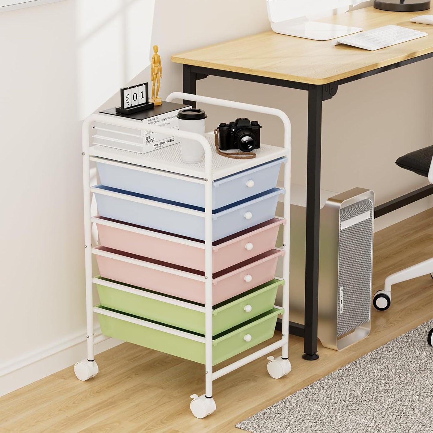 4-Tier Utility Cart with 4 Drawers, Rolling Utility Cart with 2 Lockable Caster Wheels, Multipurpose Mobile Rolling Drawer Cart for Office Bathroom Kitchen, Ivory White