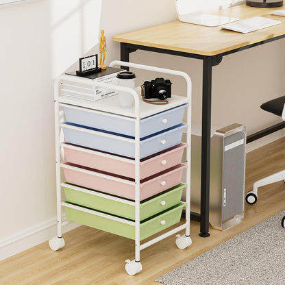 4-Tier Utility Cart with 4 Drawers, Rolling Utility Cart with 2 Lockable Caster Wheels, Multipurpose Mobile Rolling Drawer Cart for Office Bathroom Kitchen, Ivory White