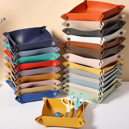2 Pcs Leather Valet Tray Organizer Set, Folding Travel Storage for Jewelry Keys, Home Office Desk Organizer（white）