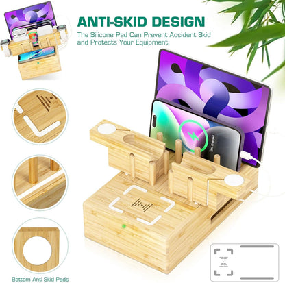 Bamboo Wireless Charging Station for Multiple Devices - Wood Docking Station Organizer, Qi Certified Fast Wireless Charger, 7 USB Charging Ports for Cellphone, Smart Watch, Earbuds, Tablet