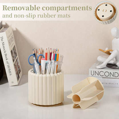 Anyoifax 360° Rotating Pen Holder 7 Slots Desk Organizer Removable Pencil Cup Plastic Art Supplies and Accessories Desktop Storage Box Caddy for Office, School, Home (White)