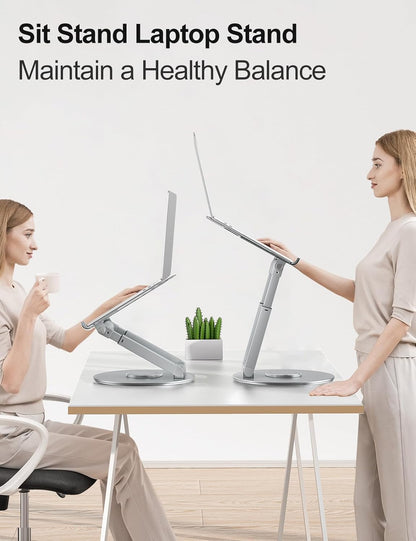 tounee Telescopic Laptop Stand for Desk with 360° Swivel Base, Sit to Stand, Height Adjustable, Portable Riser Holder for Good Posture, Compatible with MacBook Pro, All Laptops 10-17"-Gray