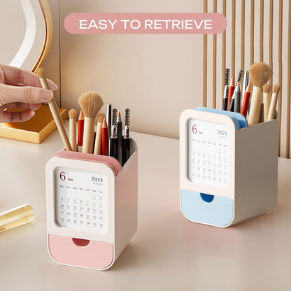 Upgraded Pen Holder with Built-in Calendar - Modern Desk Organizer for Office, School, Home, Premium Silicone Design with Chic Aesthetic, Multi-Functional Stationery & Makeup Storage - Blue