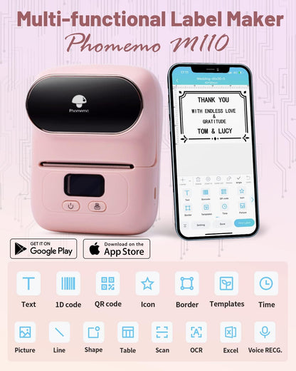 Memoqueen Thermal Label Maker - M110 Barcode Label Printer Portable Bluetooth Labeler Maker Machine for for Small Business, Address, Logo, Clothing, Mailing, with 40x30mm Label, Pink