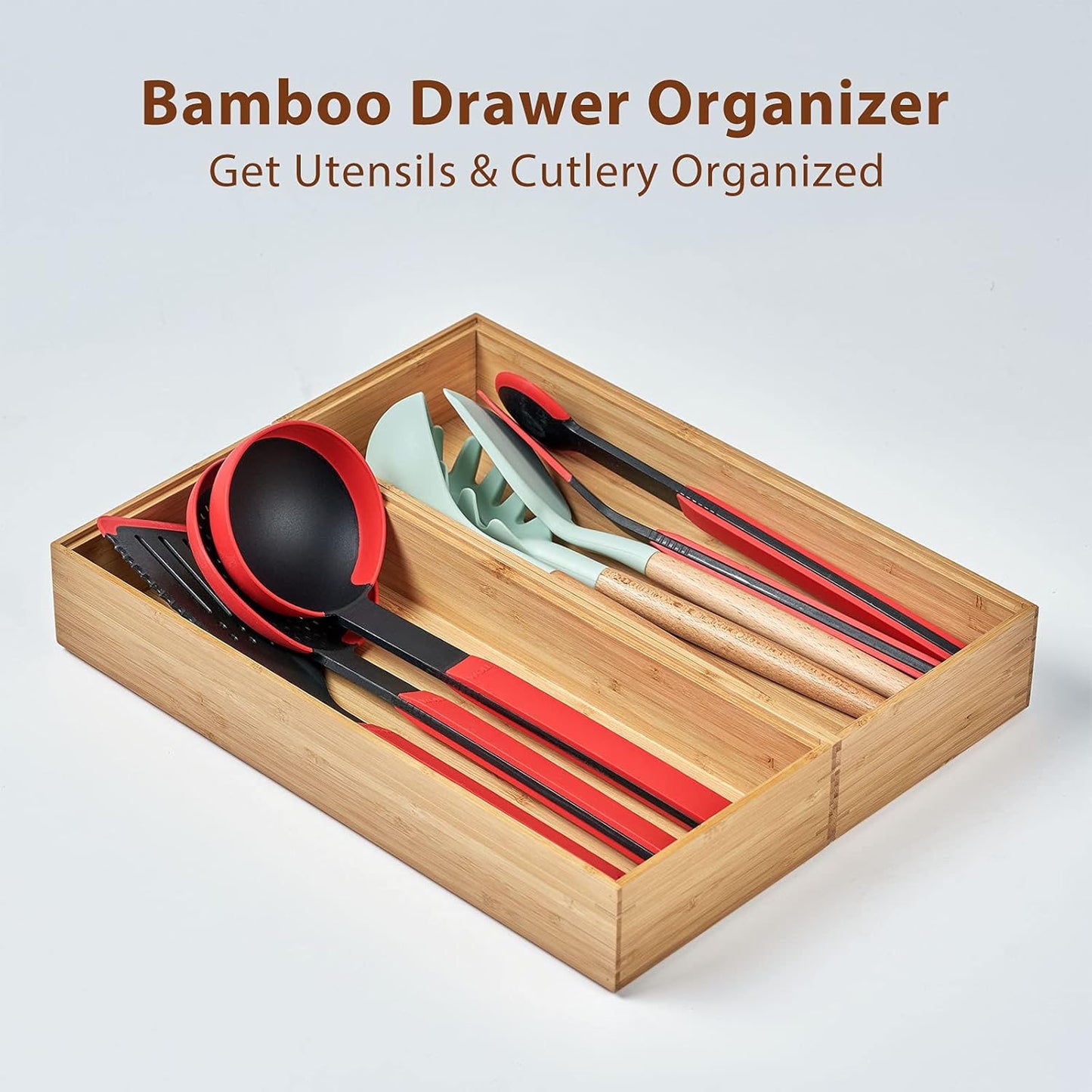 Umilife Bamboo Kitchen Drawer Organizer, Extra High Silverware Tray, Flatware Cutlery Storage Box, Multi-Use Holder in Office, Bathroom, Pantry - 9"x6"x2.5" (Set of 2)