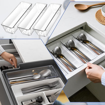 12 Pack Clear Plastic Kitchen Drawers Organizer 9 * 3 * 2 Inch Stackable Storage Trays for Kitchen Utensils Makeup Jewelry Office Supplies Bathroom and Dressing Table