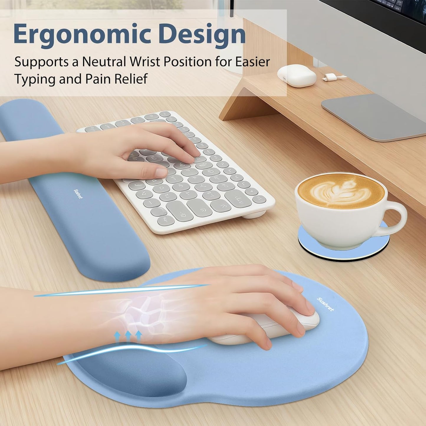Sushret Mouse Pad and Keyboard Wrist Rest, 3-in-1 Gel Memory Foam Ergonomic Mouse Pad with Wrist Rest Set,Gaming Mousepad Arm Cushion Support for Computer Office Desk Accessories Cute Setup,Sage Green