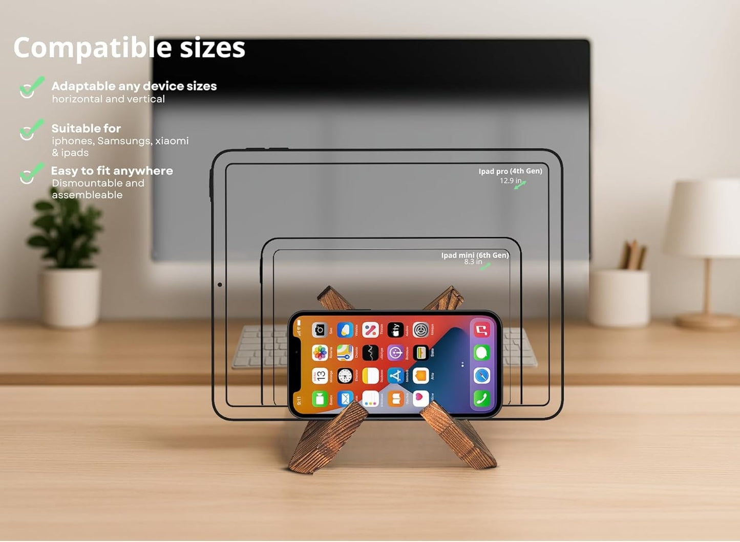 TOJTIK Phone Holder Wood, Small Phone Stand for Desk, Portable Cell Phone Holder for Smartphones & Mini Tablets, Wooden Desktop Organizer & Book Holder, iPhone Stand for 11/12/13 pro max & iPads