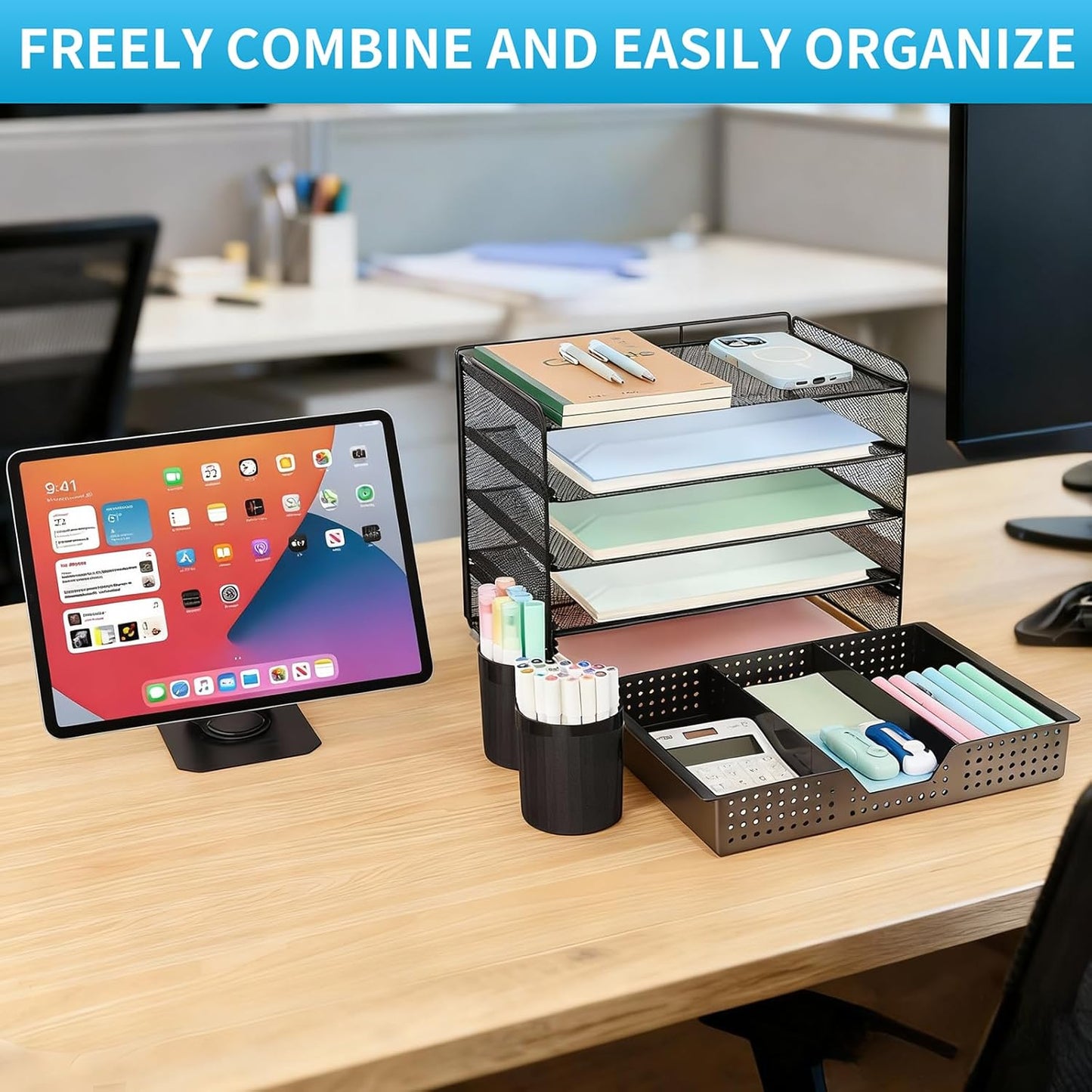 LEKETREE Desk Organizers and Accessories, 5-Tier Paper Letter Tray Organizer with File Holder, Desktop Organizer for Office Supplies (Black)