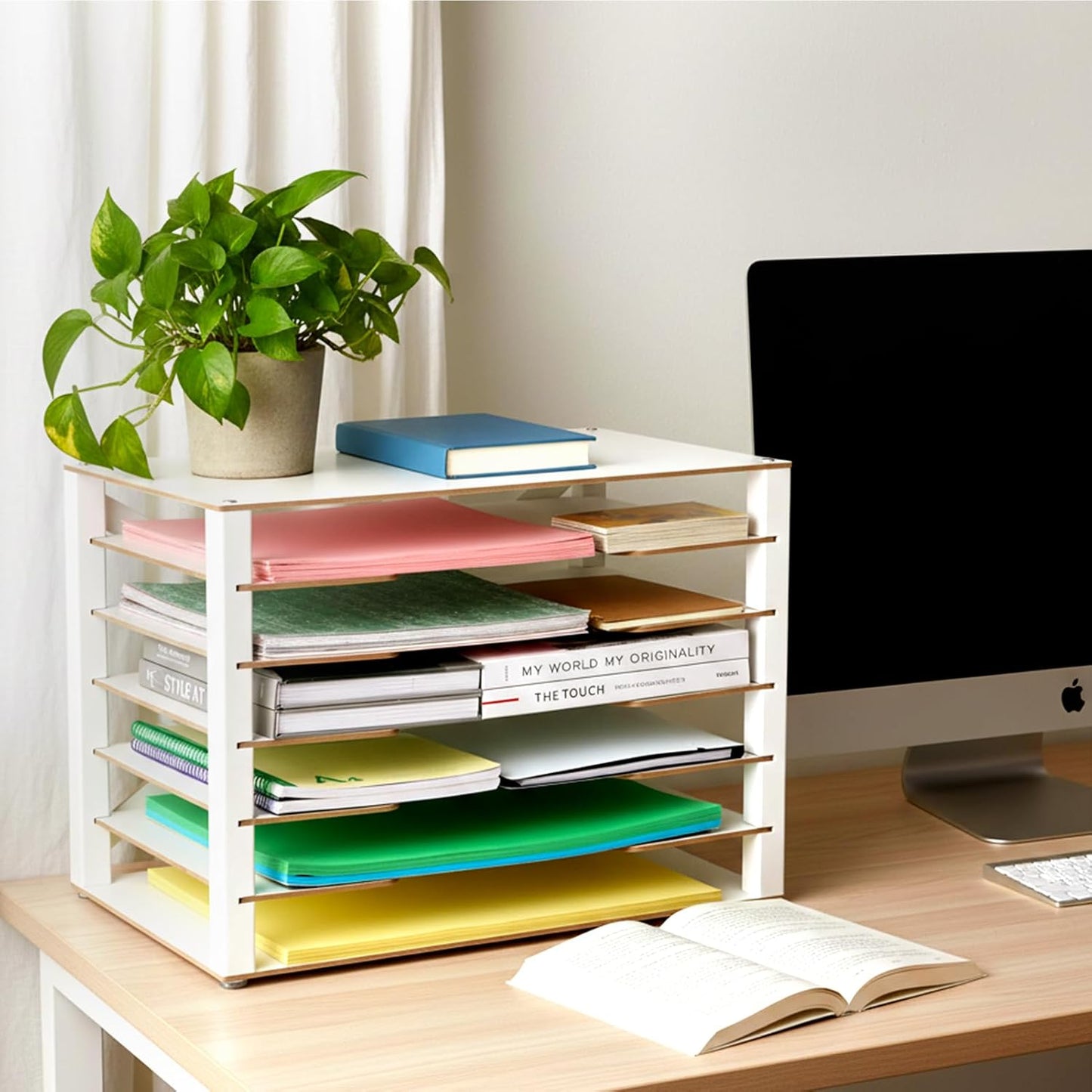 Yumkfoi 12x18 Construction Paper Organizer, 4-Tiers Paper Storage Shelf, Wooden Desk Organizer, File Holder and Letter Tray for Office, Home, Classroom