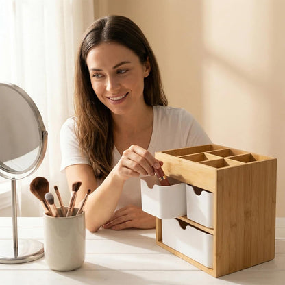 Bamboo Makeup Organizer with 3 Drawers, Dresser Cosmetic Organizer Box,Bamboo Desk Organizer for Home with Adjustable Dividers