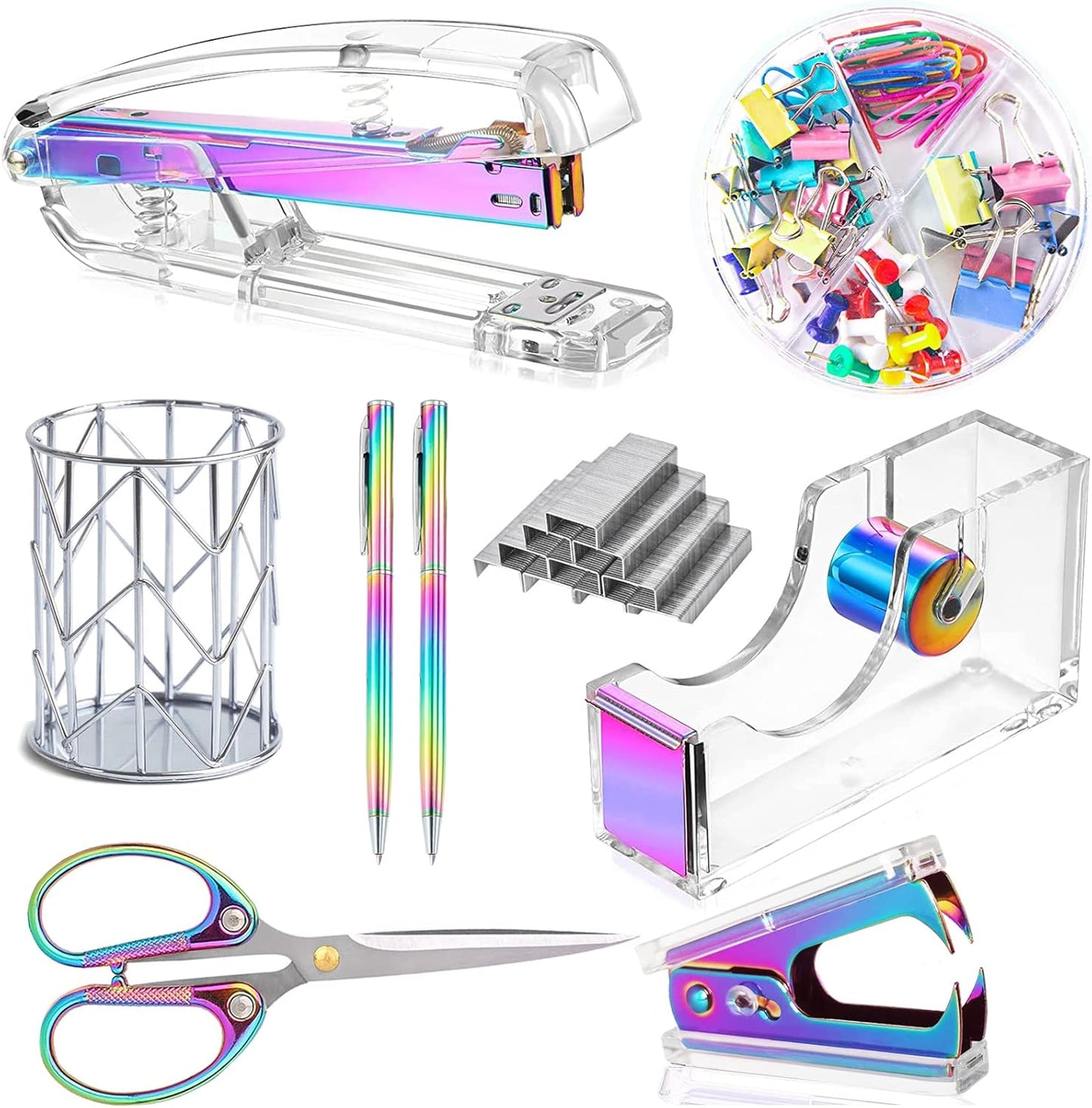 Famassi Rose Gold Desk Accessories，Office Supplies Set Acrylic Stapler Set Staple Remover, Tape Holder, 2 Ballpoint Pen, Scissor, Binder/Paper Clips and 1000pcs Staples.