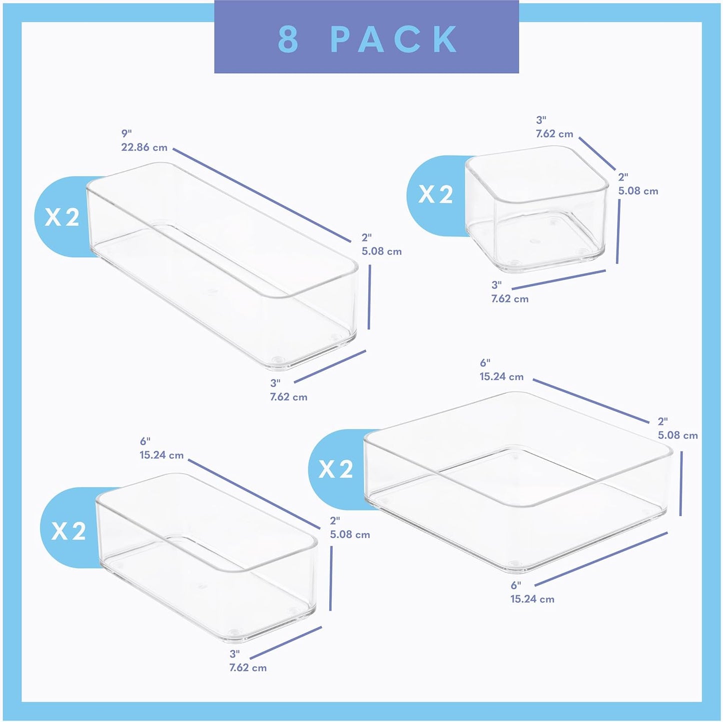 primebox Six Pieces - Clear Plastic Drawer Organizer Bins - Stackable, Non-Slip, 3 Sizes