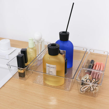 Drawer Organizer with Non-Slip Silicone Pads Set of 15,Clear Plastic Vanity Organizer Storage Bins Containers,4 Size Desk Organizer Tray