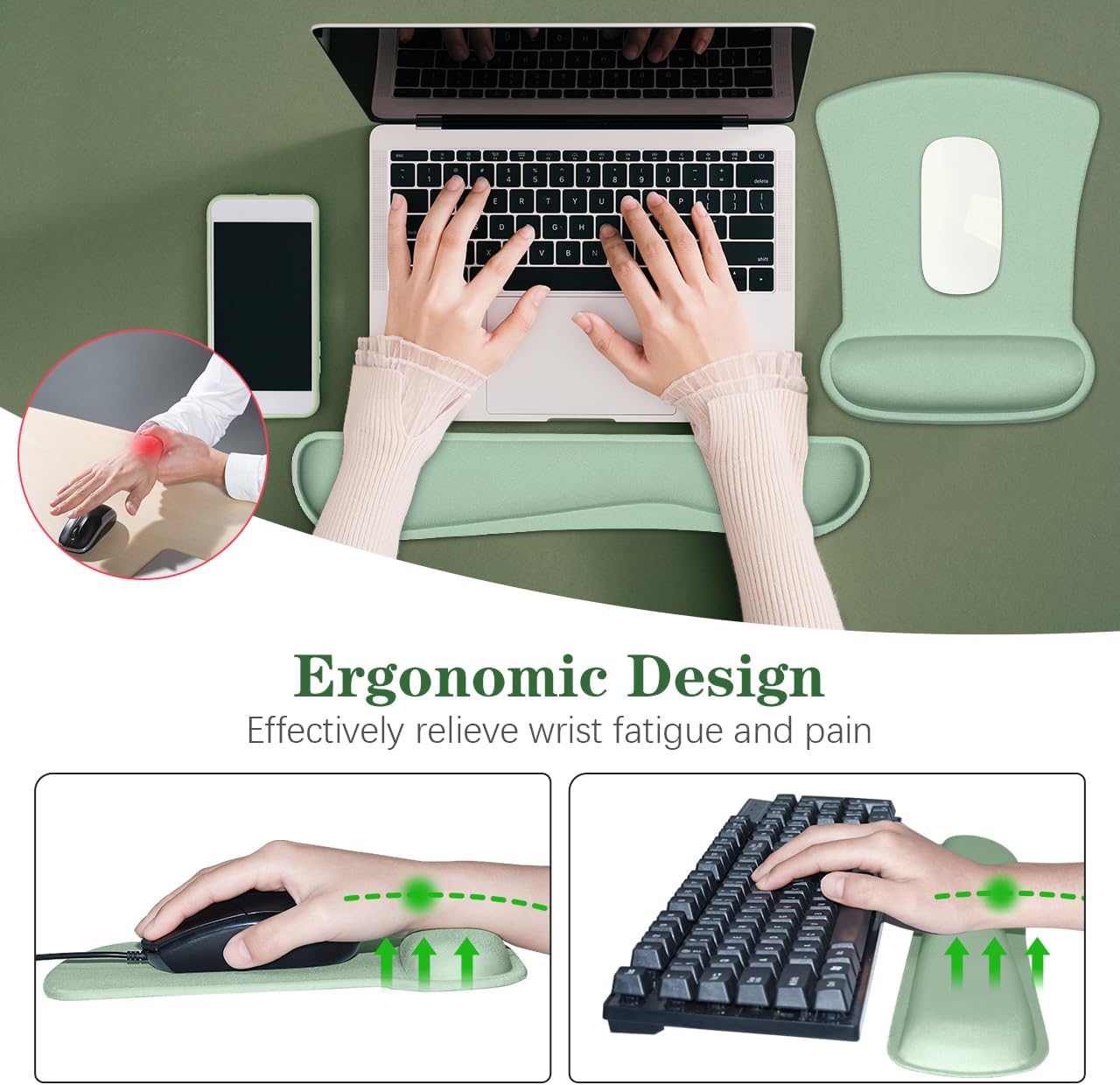 Ergonomic Wrist Rest Support for Mouse Pad and Keyboard Set, Comfortable Memory Foam Keyboard Pad and Soft Gel Mouse Pad, Easy Typing and Pain Relief for Gaming, Office, Laptop, Apricot