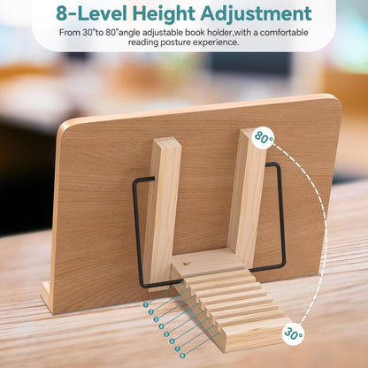 Book Stand for Reading,8 Adjustable Height Holder Tray with Page Clips for Textbook/Cookbook/Music Scores/Tablet/,Lightweight Reading Hands Free Desktop Document Book Mount,Bamboo Holder-Oak Brown
