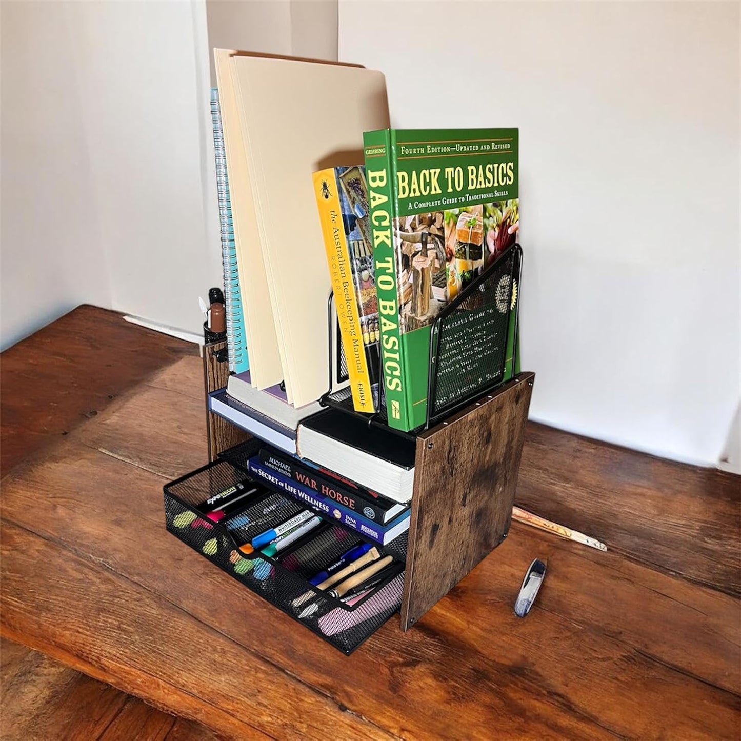 Wooden Desk Organizer - 4-Tier Desktop File Organizer with Drawer, Wooden Paper Tray, Vertical File Holders & 2 Pen Holders - Office Desk Organizer for Papers, Mail, Notebooks, Stationery