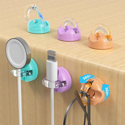 Rotatable Magnetic Cable Clips, Smooth Adjustable Cord Holder, Under Desk Cable Management, Adhesive Charging Wire Holder Keeper Organizer for Office Nightstand Wall (6-Pack Purple-Orange-Cyan)