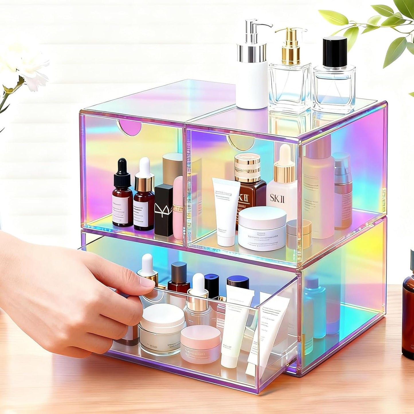 Gelite Desk Organizer with 3 Storage Drawers for Makeup Office Acrylic Desktop Drawer Organizer for Vanity Office Organization and Storage Box, Neon Pink