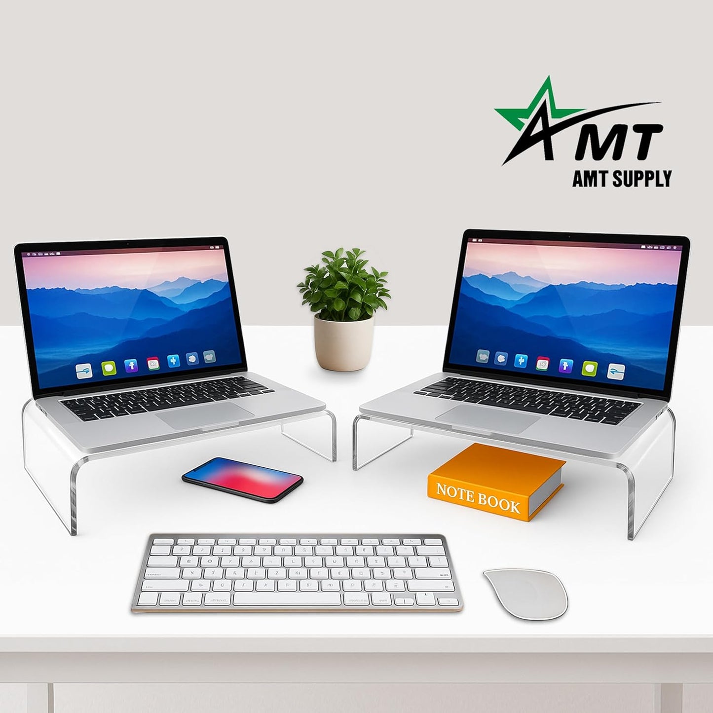 AMT Acrylic Laptop Monitor Stand & Computer Riser with Cat Keyboard Protector, Space-Saving Design, Extra Storage, Clear Shelf - Ideal for Monitors, Laptops, Printers, Desktop Decor
