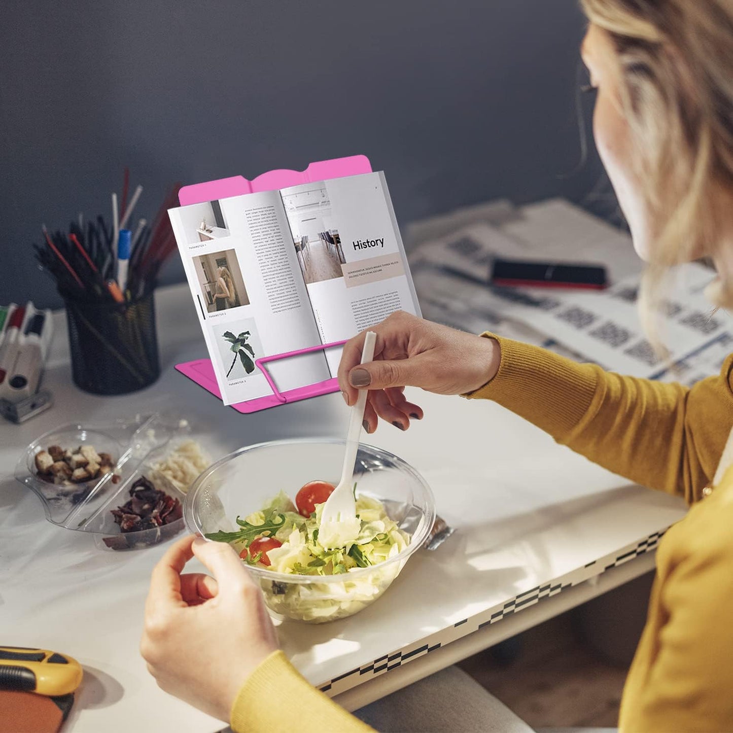 Honagu Metal Desk Book Holder, Hands Free Adjustable Cookbook & Document Holder, Portable Bookstand for Music Books, Textbooks, Recipes, Tablets & iPads (Purple)