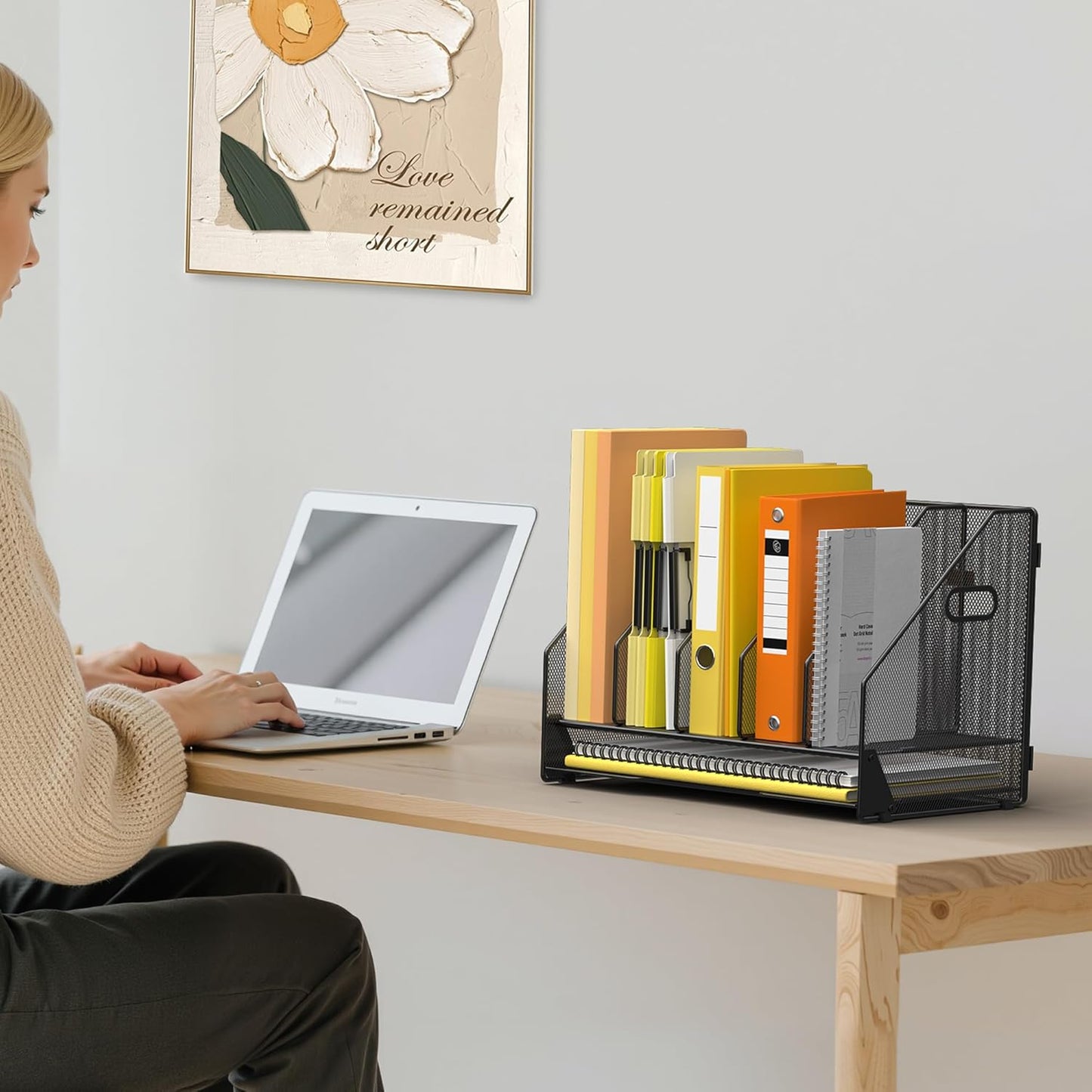Docnest Desk File Holder Sorter, 4 Vertical Compartments Rack with Letter Tray, Mesh Magazine File Holder with Handle,Workspace Organizers,Desk Organizers for Paper, Mail, Documents-Black