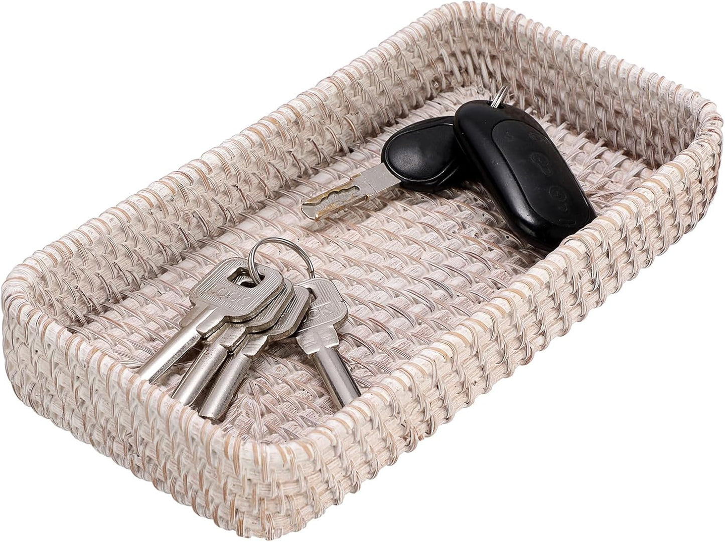 Hipiwe Key Basket Tray for Entryway Table Rattan Serving Tray Handwoven Wicker Baskets Vanity Trays Square Decorative Fruit Trays for Kitchen Counter Bedside Living Room Bathroom, 8.1"