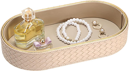 Hipiwe Perfume Trays PU Leather Vanity Tray for Dresser Bathroom Valet Trays Oval Desk Tray Jewelry Dish Holder Decorative Catchall Trays Nightstand Organizer, Beige