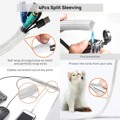 Cable Management Kit - 4 Cable Sleeve, 57 Self Adhesive Cable Clips, 12 Hanging Strips, 12 Cable Organizer Straps and 100 Fastening Cable Ties for TV Computer Under Desk (Black and White)
