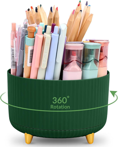 KONVINIT Pencil Pen Holder for Desk, 5 Slots 360 - Degree Rotating Desktop Organizer, Cute Desk Organizers and Accessories for School, Home, Office and Art Supply, Beige