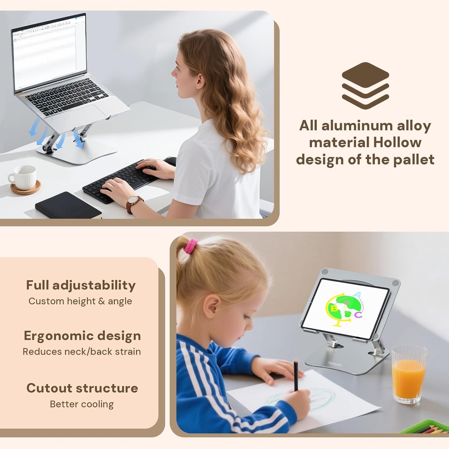 Laptop Stand for Desk, Adjustable Height & Angle Portable Aluminum Laptop Riser & Monitor Stand with 360° Swivel, Foldable Ergonomic Computer Stand for 10-17 Inch Laptops (MacBook/Dell/HP), Silver.