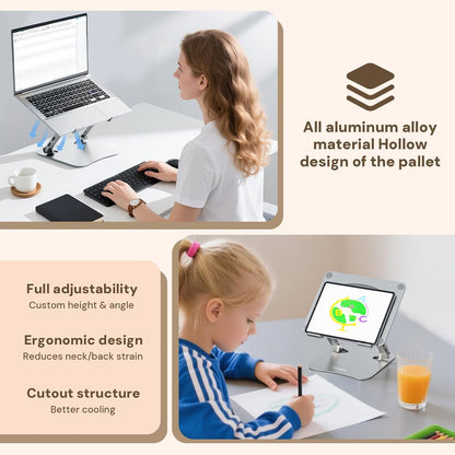 Laptop Stand for Desk, Adjustable Height & Angle Portable Aluminum Laptop Riser & Monitor Stand with 360° Swivel, Foldable Ergonomic Computer Stand for 10-17 Inch Laptops (MacBook/Dell/HP), Silver.