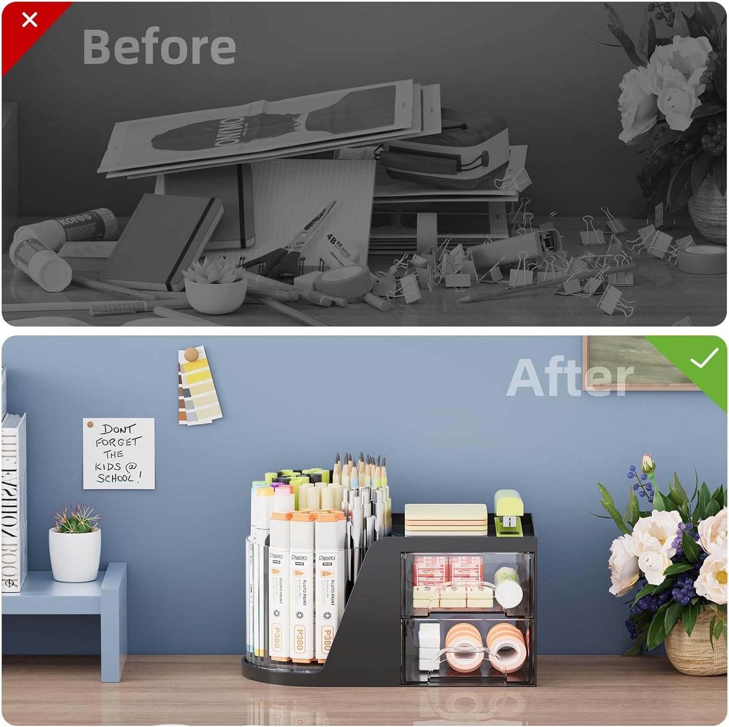 Marbrasse Desk Organizer with 2 Drawer, 360°Rotating Pen Holder, Desk Organizers and Accessories with 6 Slots Pencil Organizer + 2 Drawer, Art Supply Storage Box Caddy for Office (White)