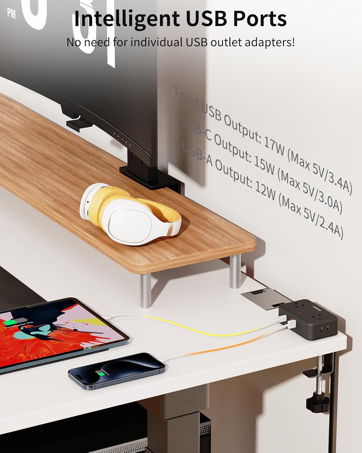 HOPOW Desk Clamp Power Strip, Desktop Mount Charging Station with 4 Outlets 4 USB Ports (2 USB C), 10Ft Under Desk Power Strip, Fits 2.75" Tabletop Edge, Extension Cord for Home Office, Black
