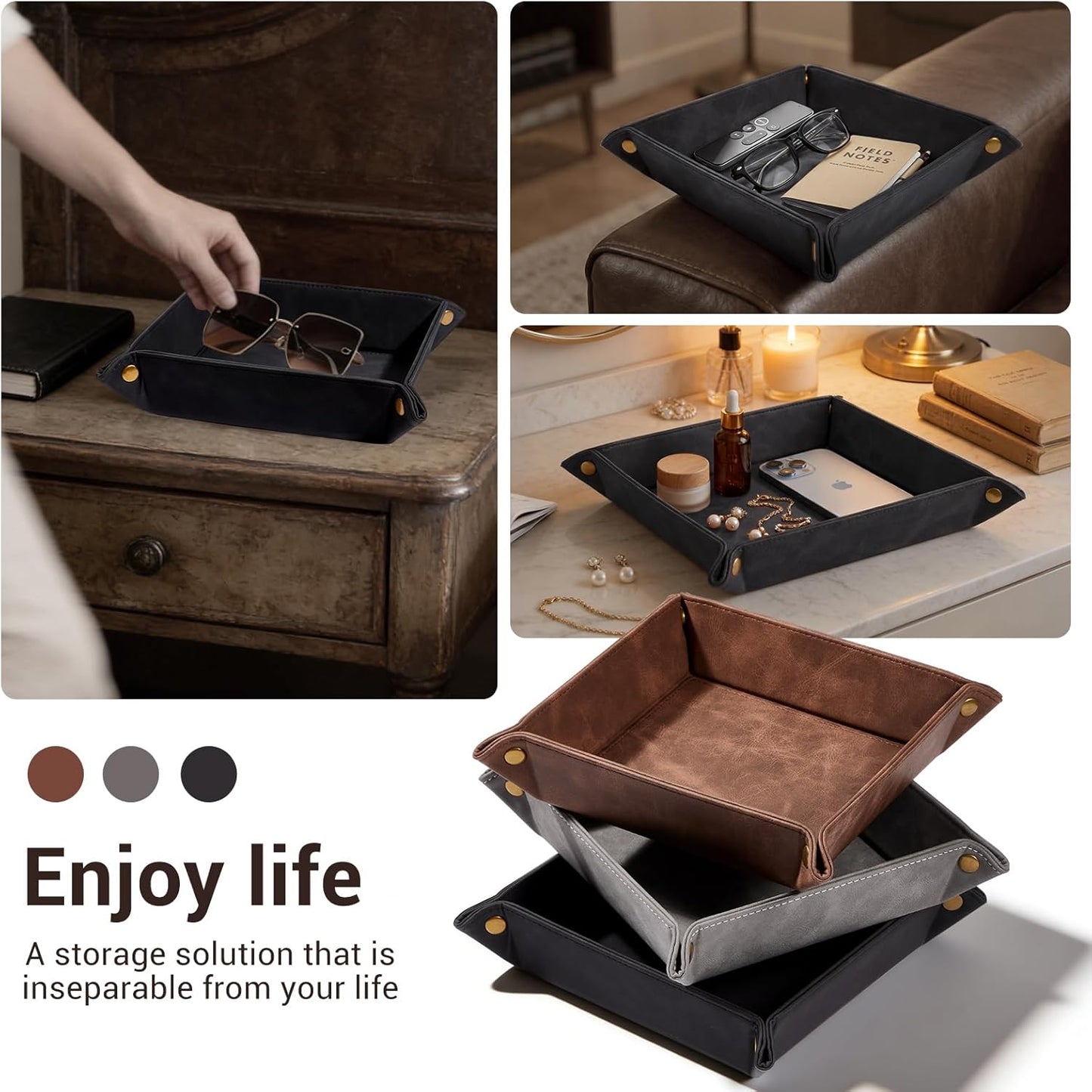 CoBak Leather Valet Tray for Men, Premium PU Leather Catch-All Tray for Entryway Table Key, Phone, Wallet, Coins & Jewelry, Bedside Nightstand Desk-top Catchall (Gray)