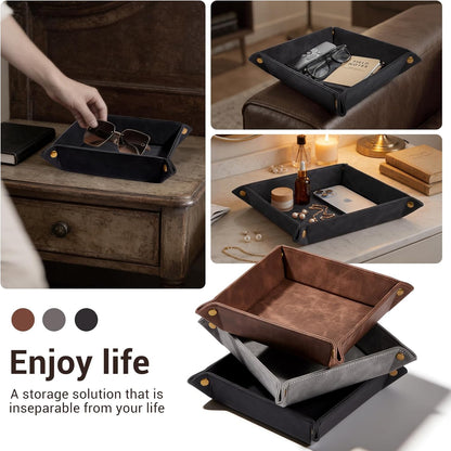CoBak Leather Valet Tray for Men, Premium PU Leather Catch-All Tray for Entryway Table Key, Phone, Wallet, Coins & Jewelry, Bedside Nightstand Desk-top Catchall (Gray)