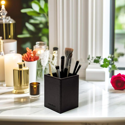 UnionBasic Square Pen Holder, Leather Pencil Cup, Desktop Caddy Stationery Organizer, Beige