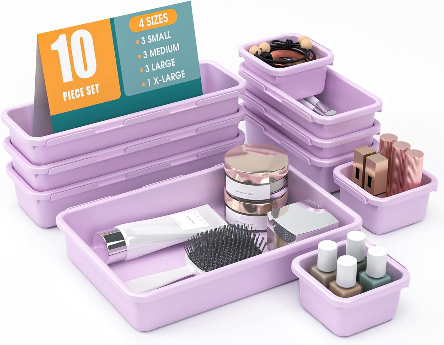 StoreHappily 10 PCS Drawer Organizer Set, 4 Size Makeup Drawer Divider Organizer With Non-Slip Pads, Interlocking Plastic Storage Bins for Office,Jewelry Vanity,Gadgets, Bathroom,Kitchen, Black