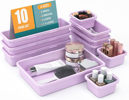 StoreHappily 10 PCS Drawer Organizer Set, 4 Size Makeup Drawer Divider Organizer With Non-Slip Pads, Interlocking Plastic Storage Bins for Office,Jewelry Vanity,Gadgets, Bathroom,Kitchen, Black